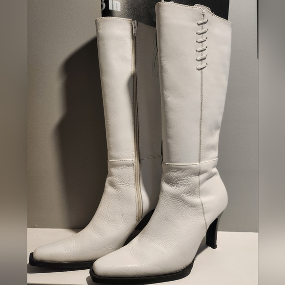 White Leather Heeled Boots - Picture 1 of 8